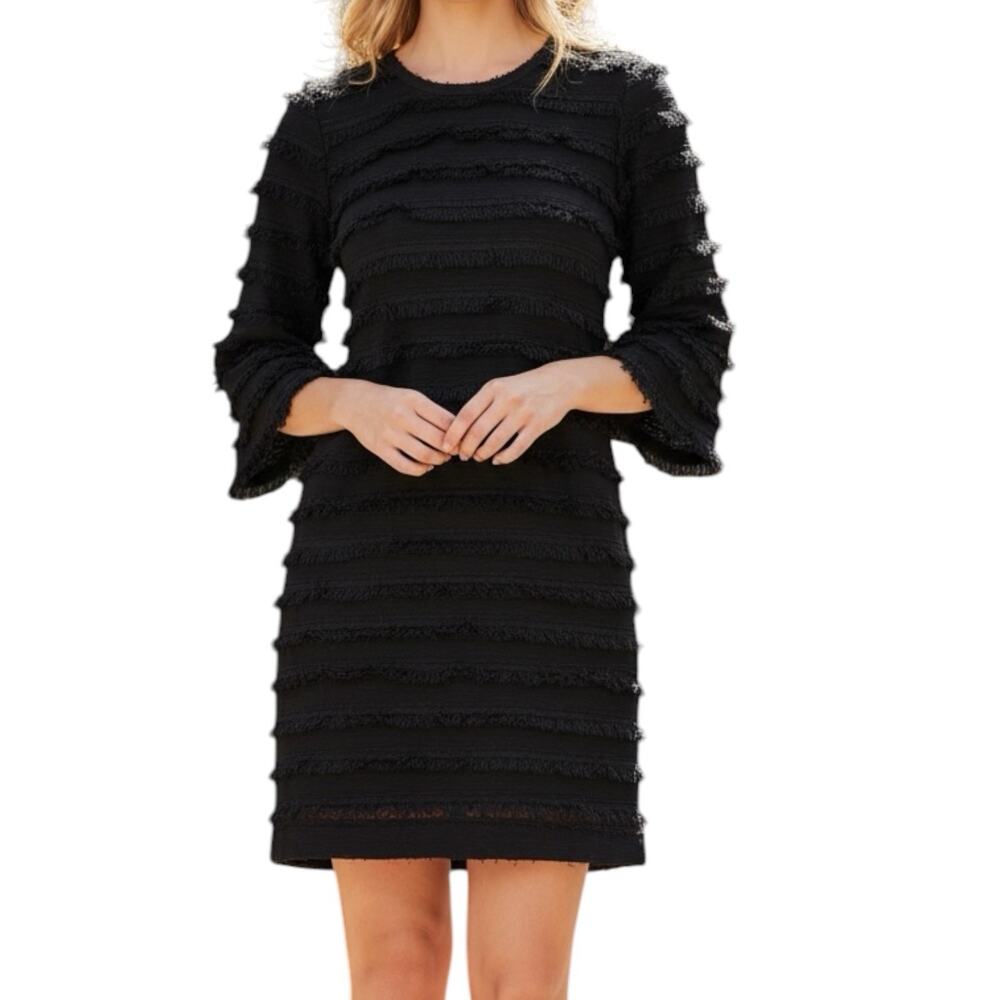 Chelsea 28 Black Fringe Chiffon Bell Sleeve Shift Dress Size Medium
